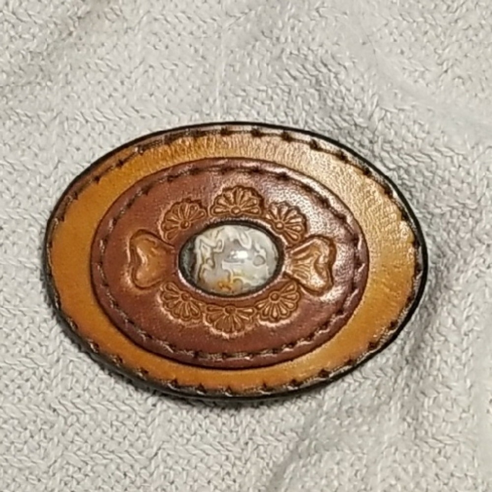 Oval Leather Belt Buckle with Stone Center